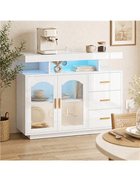 HOMCOM High Gloss Sideboard with LED Lights, Built-in Power Outlets, 3 Drawers, Shelves and 2 Acrylic Doors, White - pic 193865 | FastDaddyshop