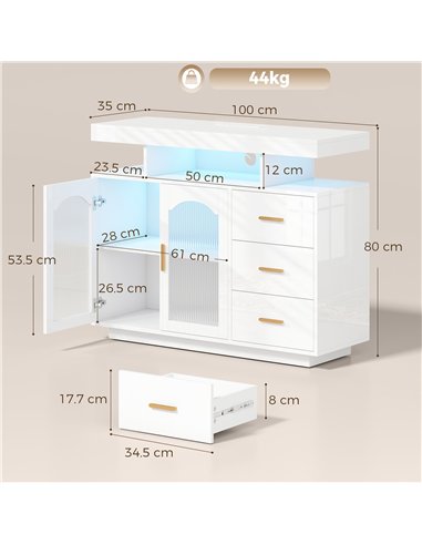 HOMCOM High Gloss Sideboard with LED Lights, Built-in Power Outlets, 3 Drawers, Shelves and 2 Acrylic Doors, White