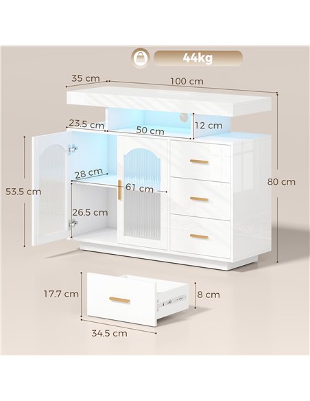 HOMCOM High Gloss Sideboard with LED Lights, Built-in Power Outlets, 3 Drawers, Shelves and 2 Acrylic Doors, White - pic 193866 | FastDaddyshop