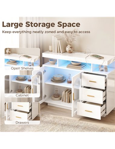 HOMCOM High Gloss Sideboard with LED Lights, Built-in Power Outlets, 3 Drawers, Shelves and 2 Acrylic Doors, White
