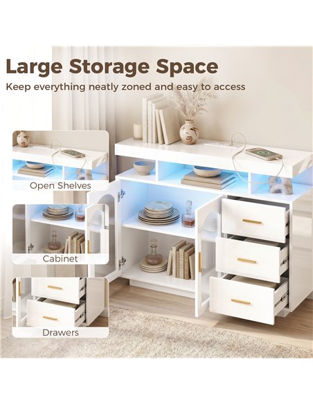 HOMCOM High Gloss Sideboard with LED Lights, Built-in Power Outlets, 3 Drawers, Shelves and 2 Acrylic Doors, White - pic 193867 | FastDaddyshop