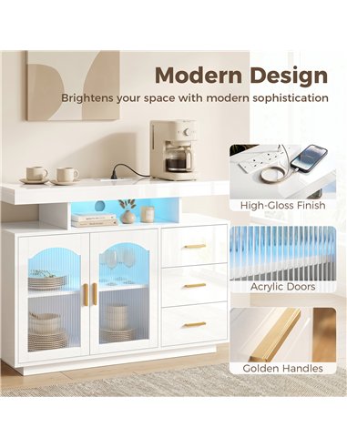 HOMCOM High Gloss Sideboard with LED Lights, Built-in Power Outlets, 3 Drawers, Shelves and 2 Acrylic Doors, White