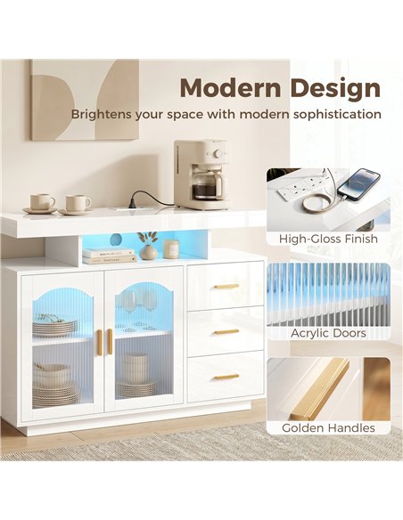 HOMCOM High Gloss Sideboard with LED Lights, Built-in Power Outlets, 3 Drawers, Shelves and 2 Acrylic Doors, White - pic 193868 | FastDaddyshop