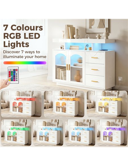 HOMCOM High Gloss Sideboard with LED Lights, Built-in Power Outlets, 3 Drawers, Shelves and 2 Acrylic Doors, White - pic 193869 | FastDaddyshop