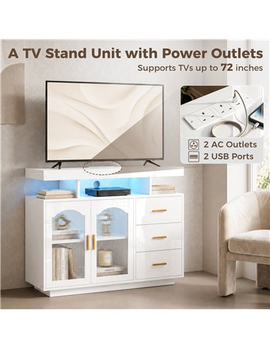 HOMCOM High Gloss Sideboard with LED Lights, Built-in Power Outlets, 3 Drawers, Shelves and 2 Acrylic Doors, White