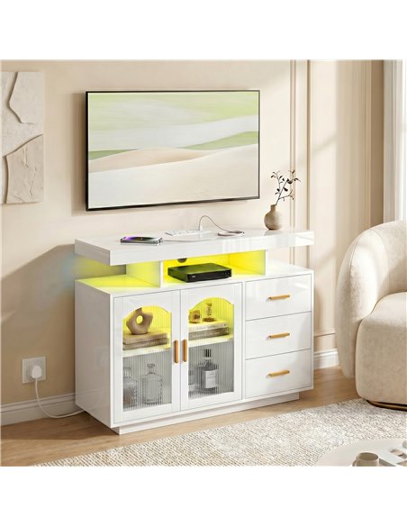 HOMCOM High Gloss Sideboard with LED Lights, Built-in Power Outlets, 3 Drawers, Shelves and 2 Acrylic Doors, White - pic 193871 | FastDaddyshop
