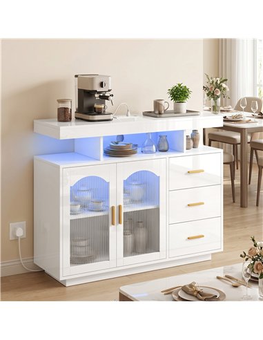 HOMCOM High Gloss Sideboard with LED Lights, Built-in Power Outlets, 3 Drawers, Shelves and 2 Acrylic Doors, White