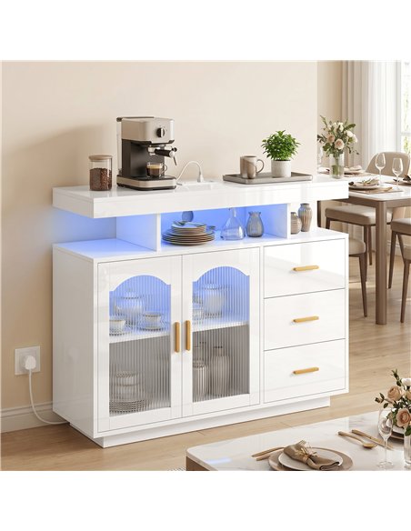 HOMCOM High Gloss Sideboard with LED Lights, Built-in Power Outlets, 3 Drawers, Shelves and 2 Acrylic Doors, White - pic 193872 | FastDaddyshop