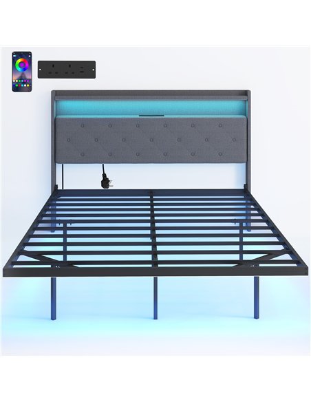 HOMCOM Floating Bed Frame, Upholstered 4ft6 Double Size Bed, Platform Bed with RGB LED Lights and Charging Station, Grey - pic 193918 | FastDaddyshop