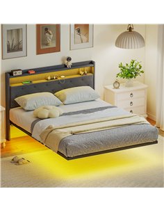 HOMCOM Floating Bed Frame, Upholstered 4ft6 Double Size Bed, Platform Bed with RGB LED Lights and Charging Station, Grey 2