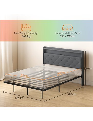 HOMCOM Floating Bed Frame, Upholstered 4ft6 Double Size Bed, Platform Bed with RGB LED Lights and Charging Station, Grey