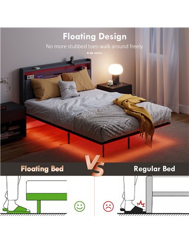 HOMCOM Floating Bed Frame, Upholstered 4ft6 Double Size Bed, Platform Bed with RGB LED Lights and Charging Station, Grey