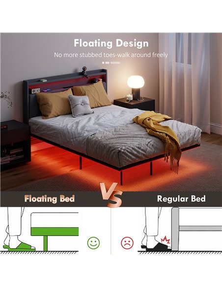 HOMCOM Floating Bed Frame, Upholstered 4ft6 Double Size Bed, Platform Bed with RGB LED Lights and Charging Station, Grey - pic 193921 | FastDaddyshop