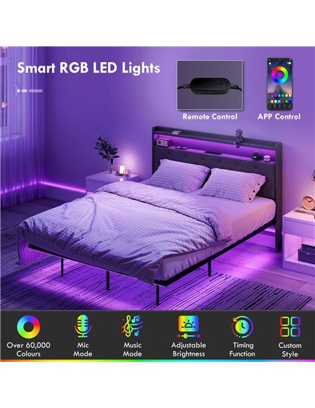 HOMCOM Floating Bed Frame, Upholstered 4ft6 Double Size Bed, Platform Bed with RGB LED Lights and Charging Station, Grey - pic 193922 | FastDaddyshop