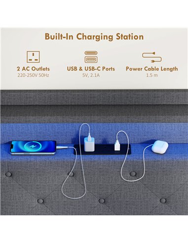 HOMCOM Floating Bed Frame, Upholstered 4ft6 Double Size Bed, Platform Bed with RGB LED Lights and Charging Station, Grey