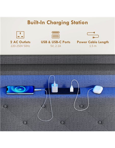 HOMCOM Floating Bed Frame, Upholstered 4ft6 Double Size Bed, Platform Bed with RGB LED Lights and Charging Station, Grey - pic 193923 | FastDaddyshop