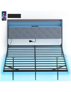 HOMCOM Floating Bed Frame, Upholstered 5ft King Size Bed, Platform Bed with RGB LED Lights and Charging Station, Grey