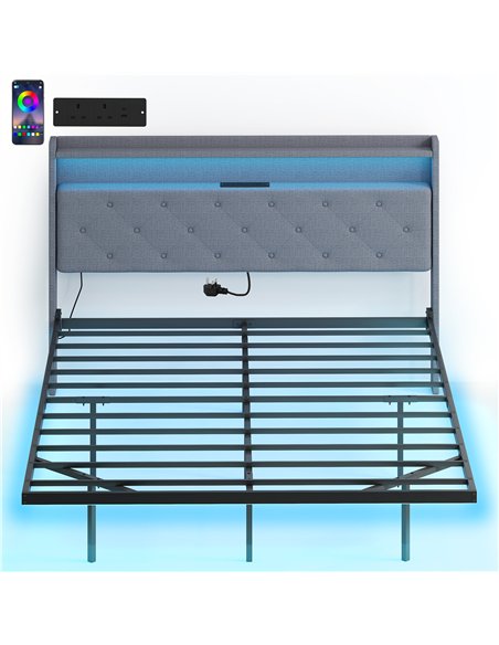 HOMCOM Floating Bed Frame, Upholstered 5ft King Size Bed, Platform Bed with RGB LED Lights and Charging Station, Grey - pic 193927 | FastDaddyshop