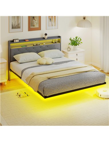 HOMCOM Floating Bed Frame, Upholstered 5ft King Size Bed, Platform Bed with RGB LED Lights and Charging Station, Grey