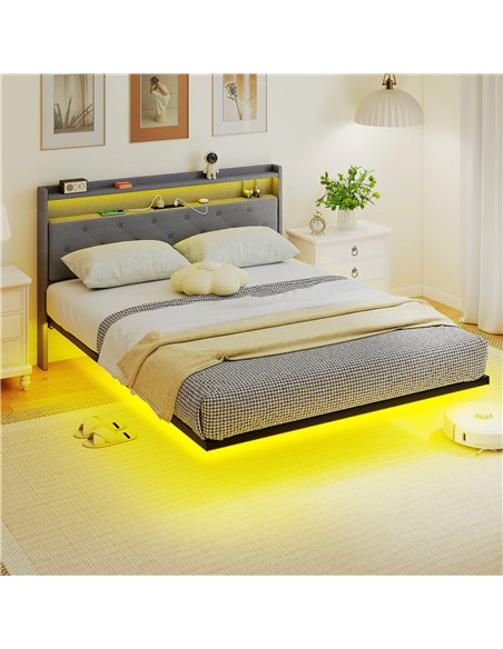 HOMCOM Floating Bed Frame, Upholstered 5ft King Size Bed, Platform Bed with RGB LED Lights and Charging Station, Grey - pic 193928 | FastDaddyshop