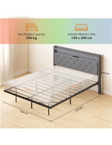 HOMCOM Floating Bed Frame, Upholstered 5ft King Size Bed, Platform Bed with RGB LED Lights and Charging Station, Grey