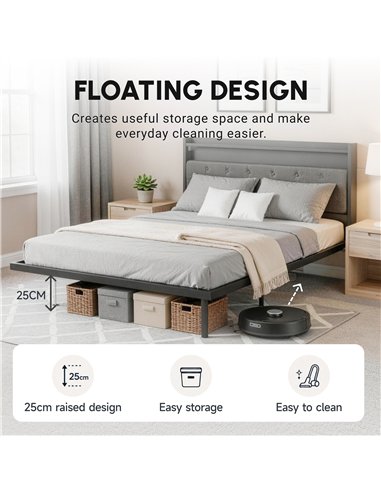 HOMCOM Floating Bed Frame, Upholstered 5ft King Size Bed, Platform Bed with RGB LED Lights and Charging Station, Grey