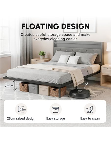 HOMCOM Floating Bed Frame, Upholstered 5ft King Size Bed, Platform Bed with RGB LED Lights and Charging Station, Grey - pic 193930 | FastDaddyshop