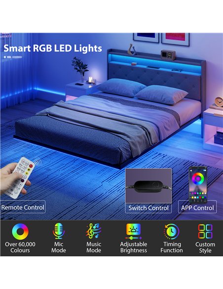 HOMCOM Floating Bed Frame, Upholstered 5ft King Size Bed, Platform Bed with RGB LED Lights and Charging Station, Grey - pic 193931 | FastDaddyshop