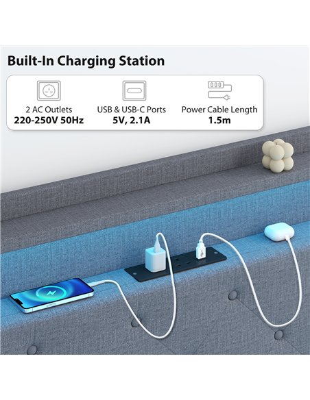 HOMCOM Floating Bed Frame, Upholstered 5ft King Size Bed, Platform Bed with RGB LED Lights and Charging Station, Grey - pic 193932 | FastDaddyshop