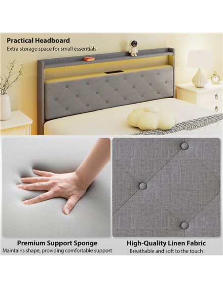 HOMCOM Floating Bed Frame, Upholstered 5ft King Size Bed, Platform Bed with RGB LED Lights and Charging Station, Grey - pic 193933 | FastDaddyshop