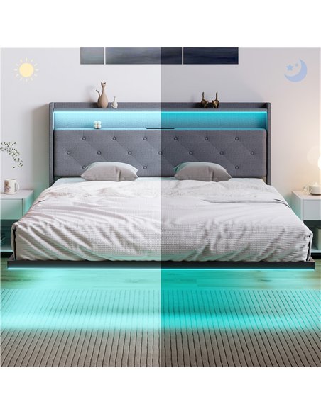 HOMCOM Floating Bed Frame, Upholstered 5ft King Size Bed, Platform Bed with RGB LED Lights and Charging Station, Grey - pic 193935 | FastDaddyshop