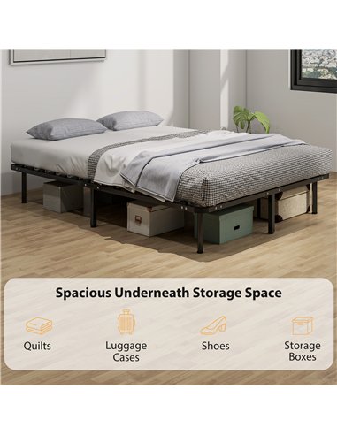 HOMCOM 4ft6 Double Bed Frame, Metal Platform Bed Frame with 2 x 14 Wood Slats, No Box Spring Needed, Underbed Storage, Black