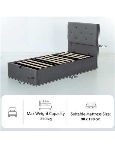HOMCOM Single Bed Frame Gas End Lift Under Bed Storage Upholstered Platform Bed Tufted Headboard for 90 x 190 cm Mattress