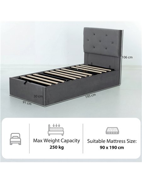 HOMCOM Single Bed Frame Gas End Lift Under Bed Storage Upholstered Platform Bed Tufted Headboard for 90 x 190 cm Mattress - pic 193965 | FastDaddyshop