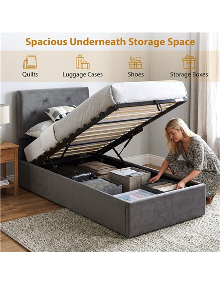 HOMCOM Single Bed Frame Gas End Lift Under Bed Storage Upholstered Platform Bed Tufted Headboard for 90 x 190 cm Mattress - pic 193966 | FastDaddyshop