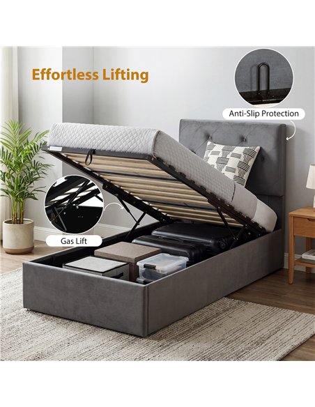 HOMCOM Single Bed Frame Gas End Lift Under Bed Storage Upholstered Platform Bed Tufted Headboard for 90 x 190 cm Mattress - pic 193967 | FastDaddyshop