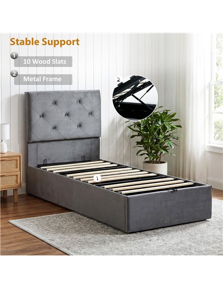 HOMCOM Single Bed Frame Gas End Lift Under Bed Storage Upholstered Platform Bed Tufted Headboard for 90 x 190 cm Mattress - pic 193969 | FastDaddyshop