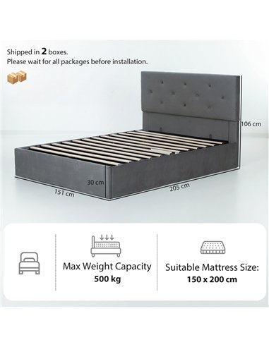 HOMCOM King Size Bed Frame Gas End Lift Under Bed Storage Upholstered Platform Bed Tufted Headboard for 150 x 200 cm Mattress