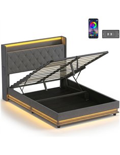 HOMCOM 4ft6 Double Bed Frame with Headboard, Platform Bed Frame with Hydraulic Storage, LED Lights and Charging Station, Grey