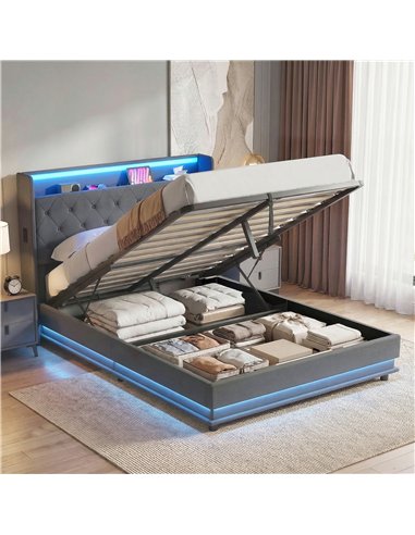 HOMCOM 4ft6 Double Bed Frame with Headboard, Platform Bed Frame with Hydraulic Storage, LED Lights and Charging Station, Grey