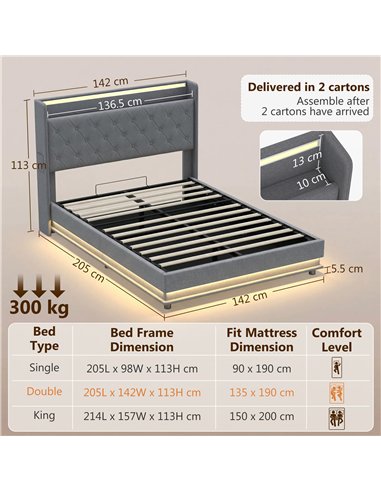 HOMCOM 4ft6 Double Bed Frame with Headboard, Platform Bed Frame with Hydraulic Storage, LED Lights and Charging Station, Grey