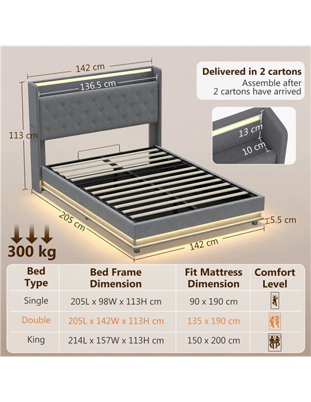 HOMCOM 4ft6 Double Bed Frame with Headboard, Platform Bed Frame with Hydraulic Storage, LED Lights and Charging Station, Grey - pic 193992 | FastDaddyshop