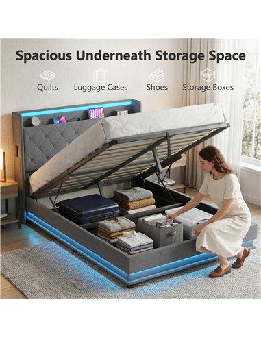 HOMCOM 4ft6 Double Bed Frame with Headboard, Platform Bed Frame with Hydraulic Storage, LED Lights and Charging Station, Grey