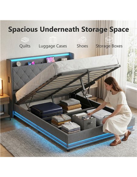 HOMCOM 4ft6 Double Bed Frame with Headboard, Platform Bed Frame with Hydraulic Storage, LED Lights and Charging Station, Grey - pic 193993 | FastDaddyshop