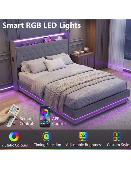 HOMCOM 4ft6 Double Bed Frame with Headboard, Platform Bed Frame with Hydraulic Storage, LED Lights and Charging Station, Grey - pic 193994 | FastDaddyshop