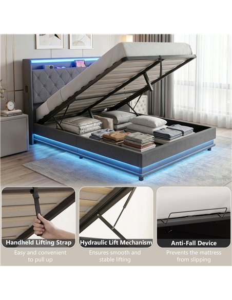 HOMCOM 4ft6 Double Bed Frame with Headboard, Platform Bed Frame with Hydraulic Storage, LED Lights and Charging Station, Grey - pic 193997 | FastDaddyshop