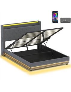 HOMCOM 5ft King Bed Frame with Headboard, Platform Bed Frame with Hydraulic Storage, LED Lights and Charging Station, Grey