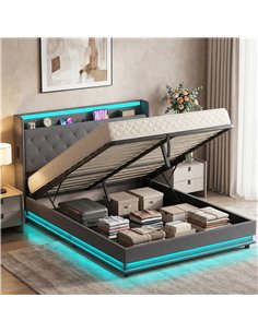 HOMCOM 5ft King Bed Frame with Headboard, Platform Bed Frame with Hydraulic Storage, LED Lights and Charging Station, Grey 2
