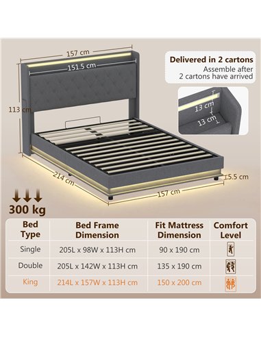 HOMCOM 5ft King Bed Frame with Headboard, Platform Bed Frame with Hydraulic Storage, LED Lights and Charging Station, Grey