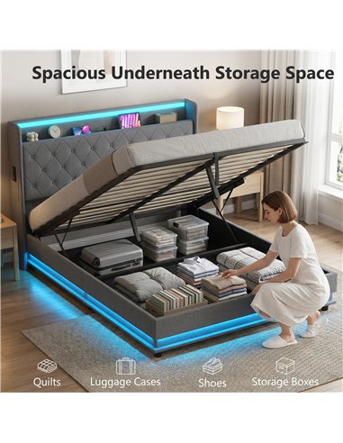 HOMCOM 5ft King Bed Frame with Headboard, Platform Bed Frame with Hydraulic Storage, LED Lights and Charging Station, Grey